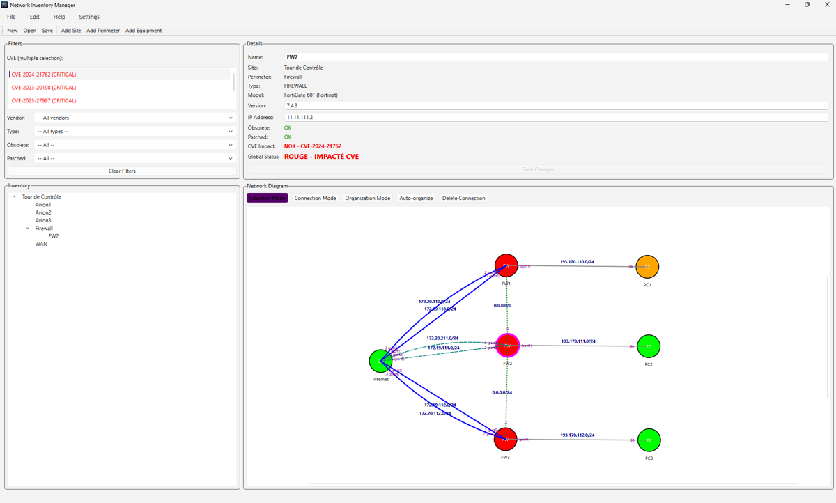 My Network Inventory: firewalls affected by CVE-2024-21762 highlighted in red